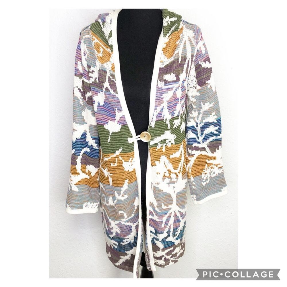 Soft Surroundings off white green orange floral knit hooded sweater cardigan XS